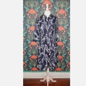 Samantha Sung Navy Blue White Palm Hand Printed Shirt Dress 4